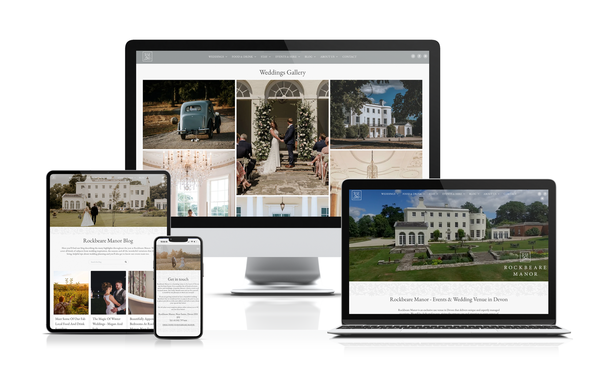 a computer , tablet , laptop and phone are displaying a wedding website .
