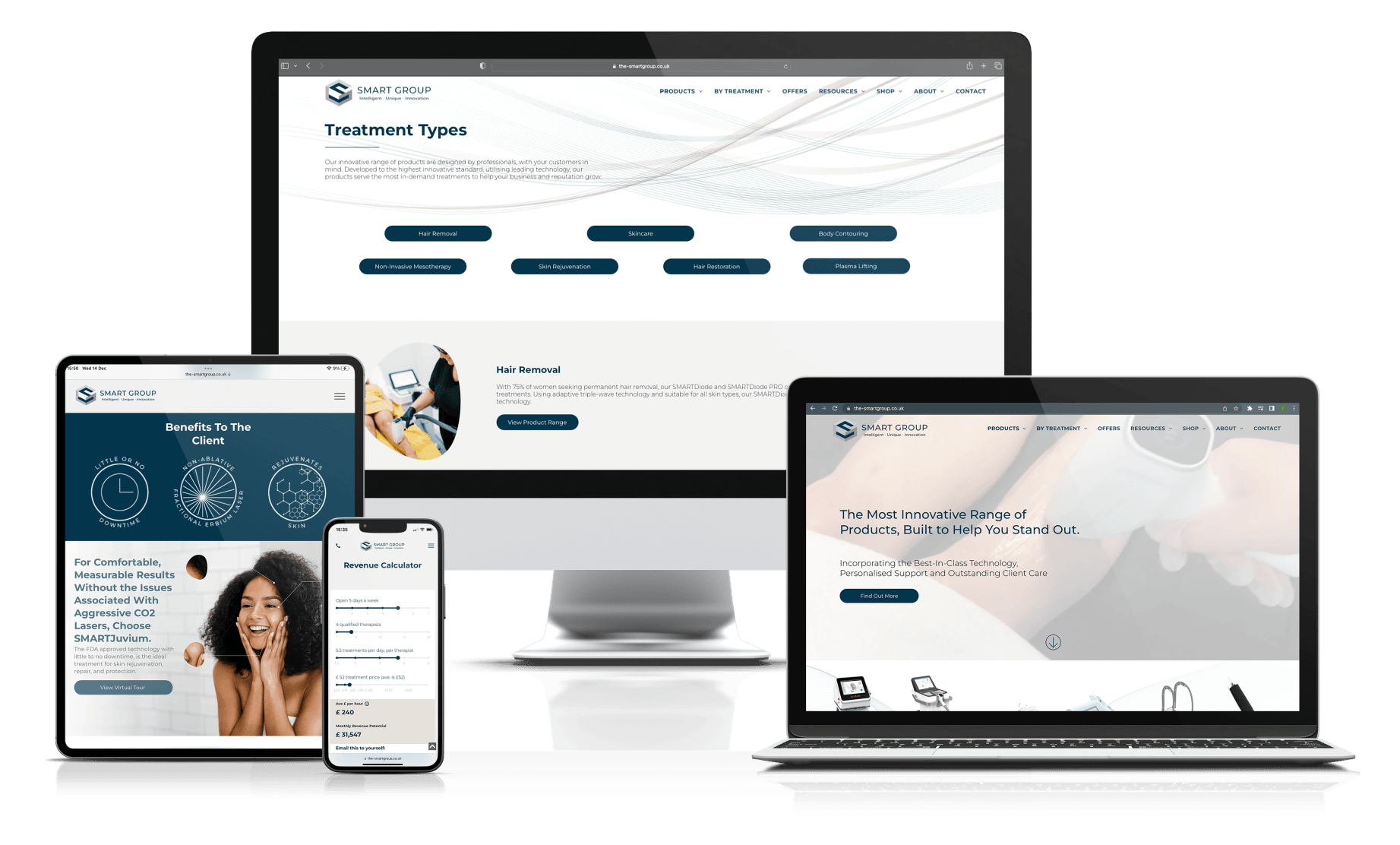 Website displayed on multiple devices, including tablet, phone, desktop, and laptop.