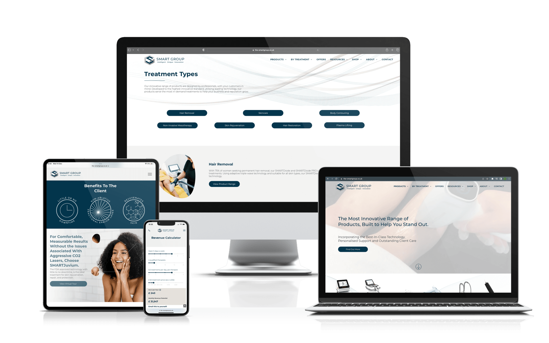 A computer , tablet , laptop and phone are displaying a website.