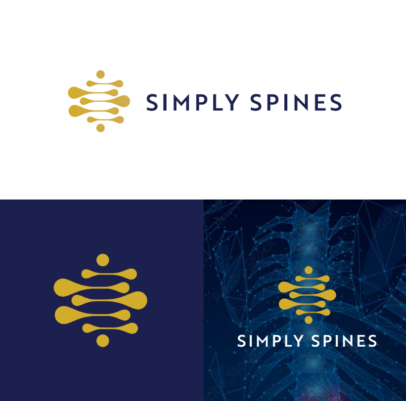A logo for simply spines with a skeleton in the background