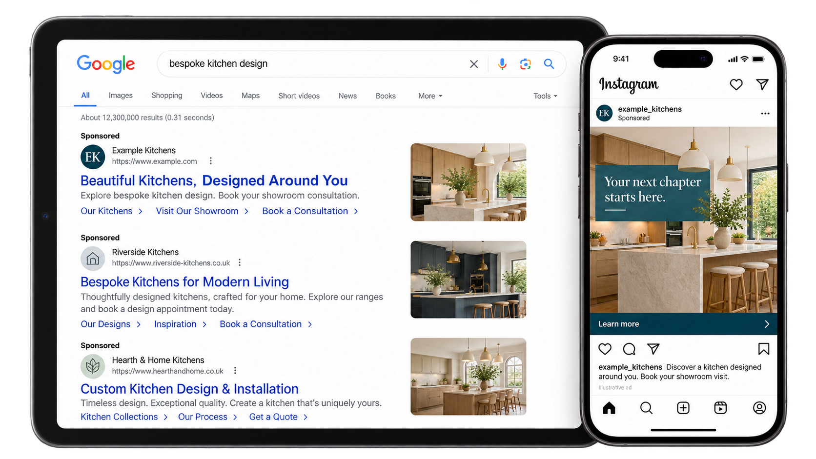 Tablet and phone showing Google search results and Instagram-style home interior posts