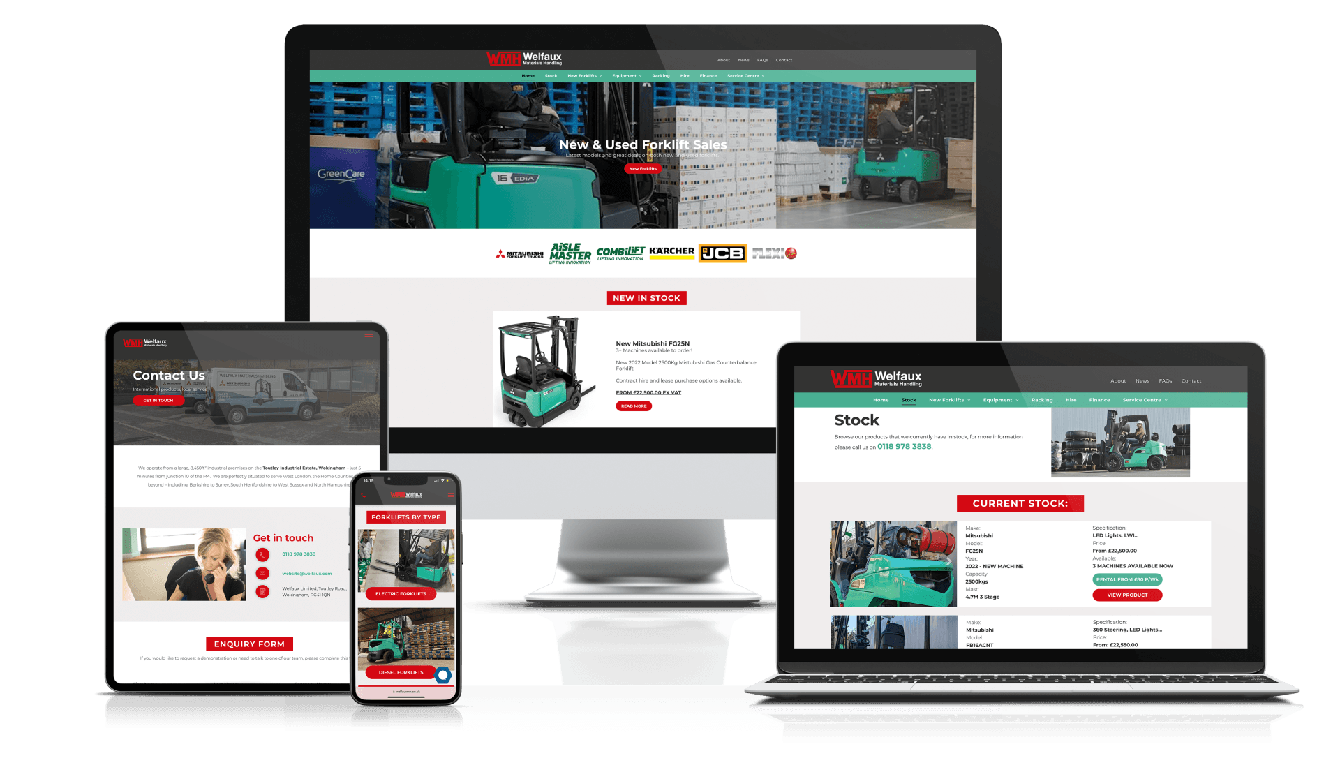 A computer , tablet , laptop and cell phone are displaying a website.