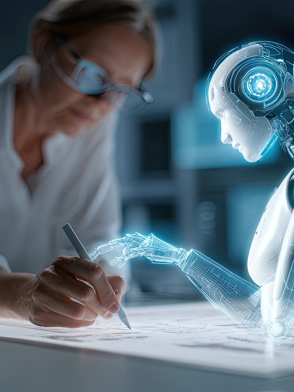 Woman with glasses and robot hand collaborate on document. Blue tones, indoors.