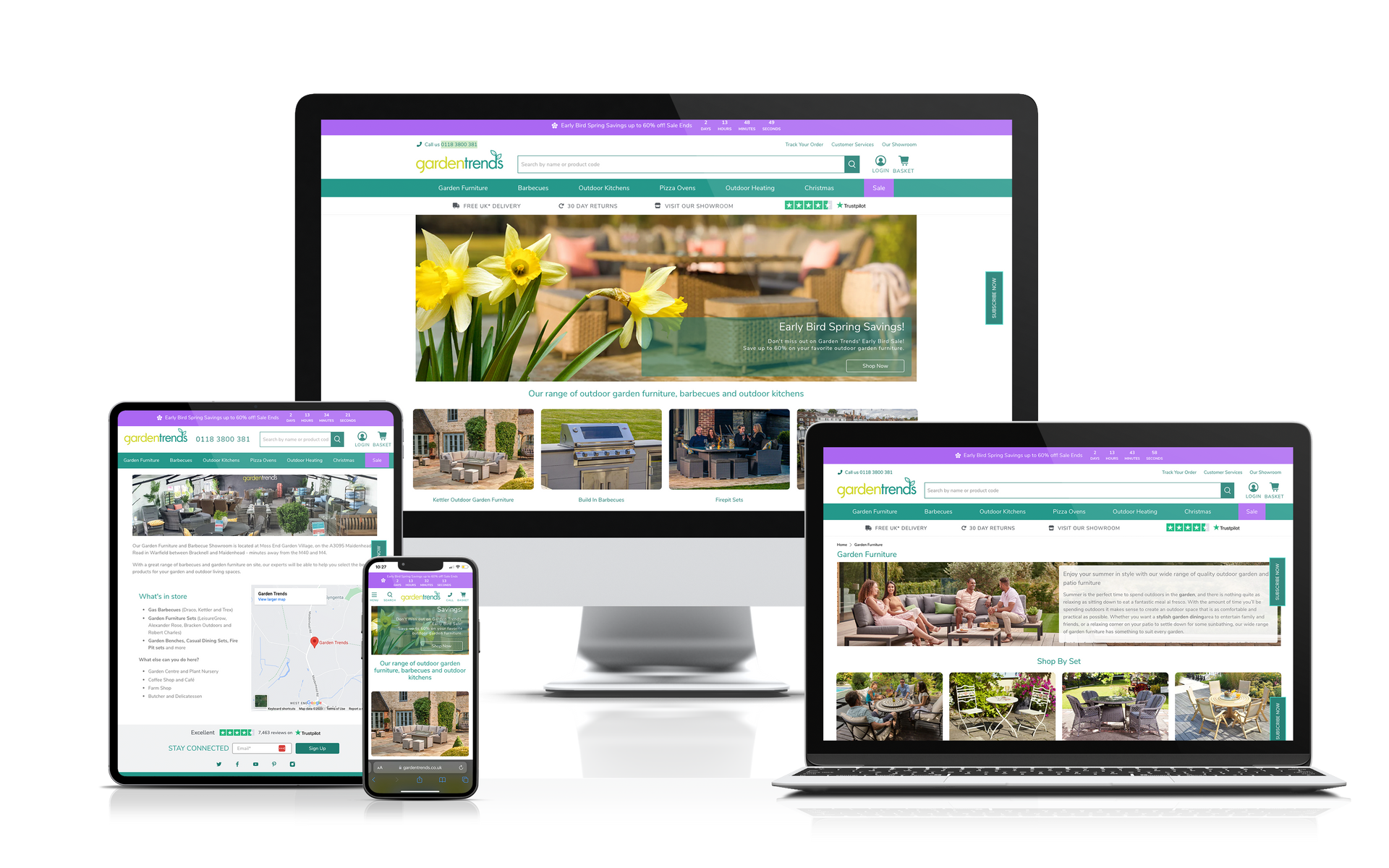 A computer , tablet , laptop and phone are displaying a website.