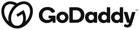 GoDaddy logo: black heart-shaped "G" symbol, "GoDaddy" text.