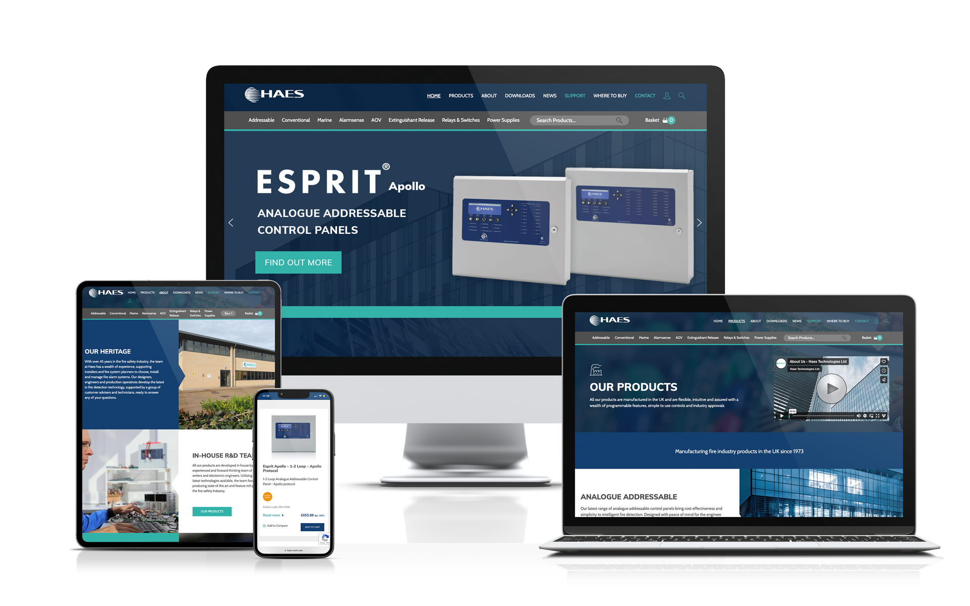 Website displayed on multiple devices: monitor, tablet, phone, and laptop. Dark blue and teal color scheme.