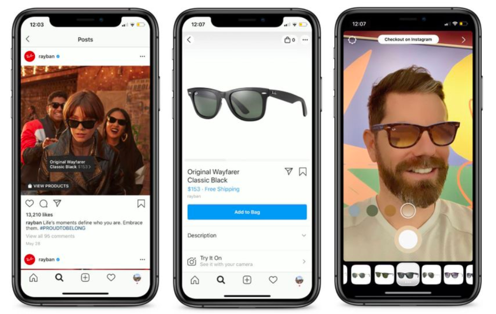 Three phones are displaying different images of sunglasses and a man with a beard.