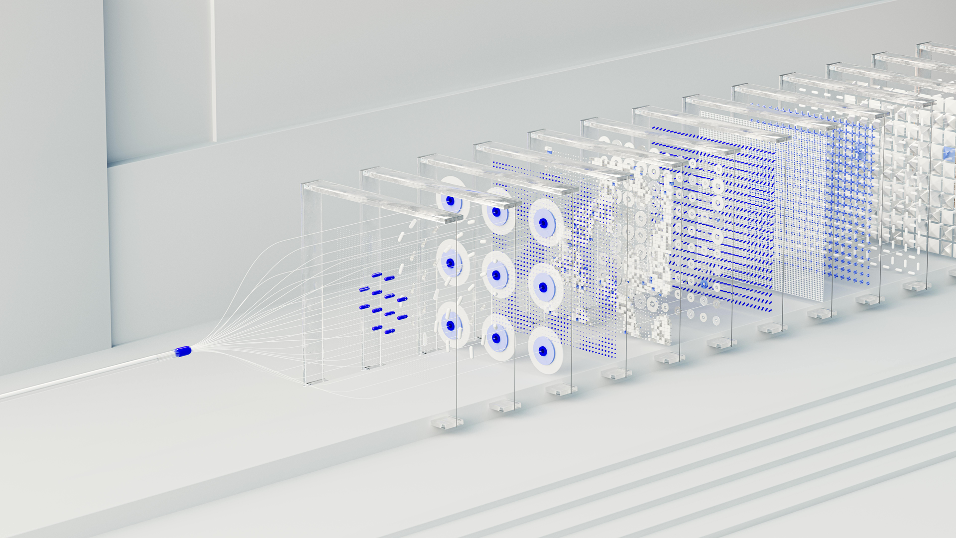 A digital visualization of a neural network with nodes and layers transforming from a single point into a complex grid.