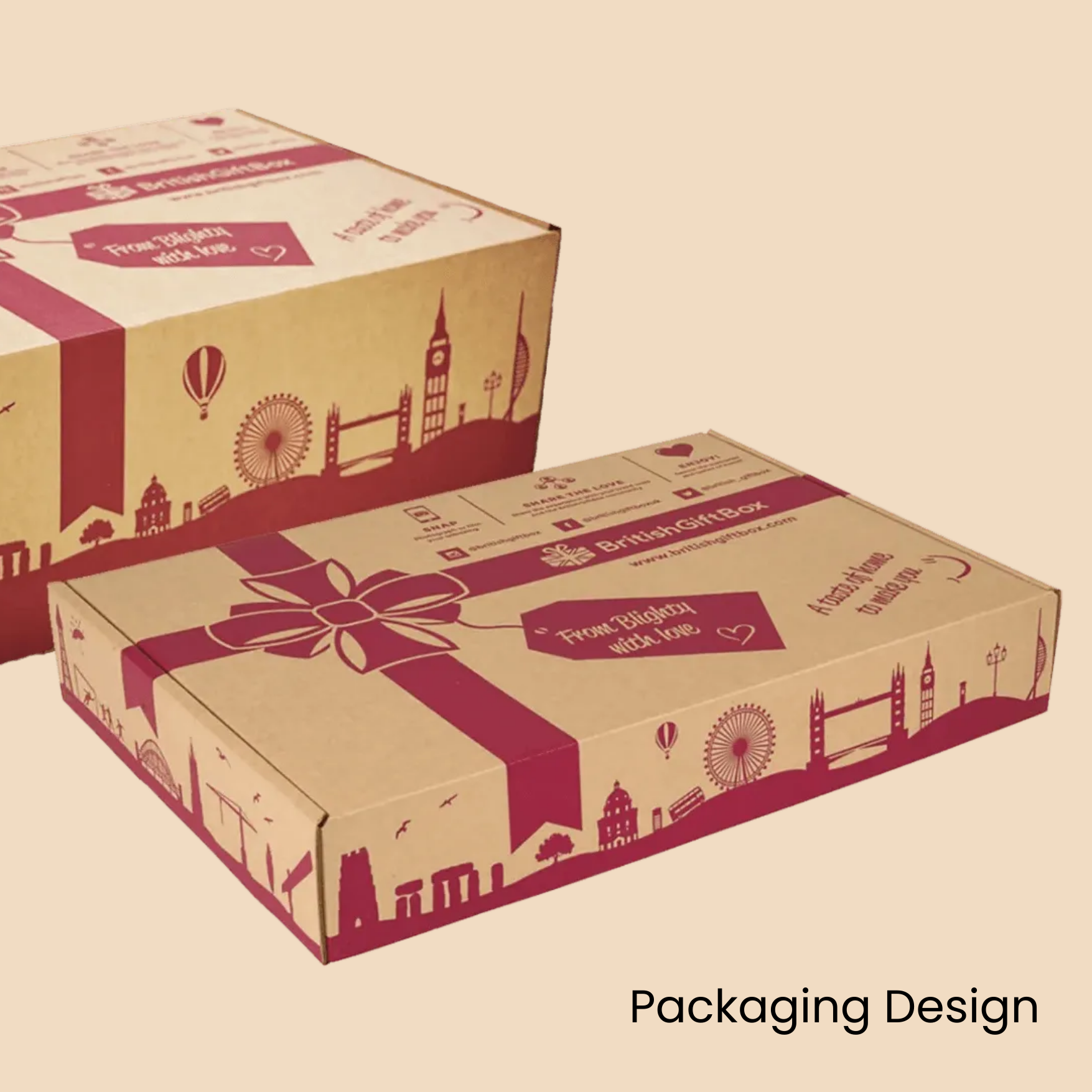 A cardboard box with a city skyline on it