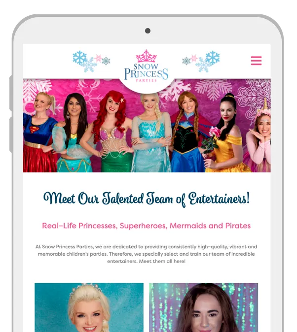 A tablet screen shows a website for snow princess
