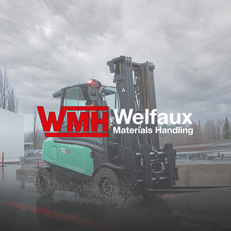 A forklift with the words wmh welfaux materials handling on it