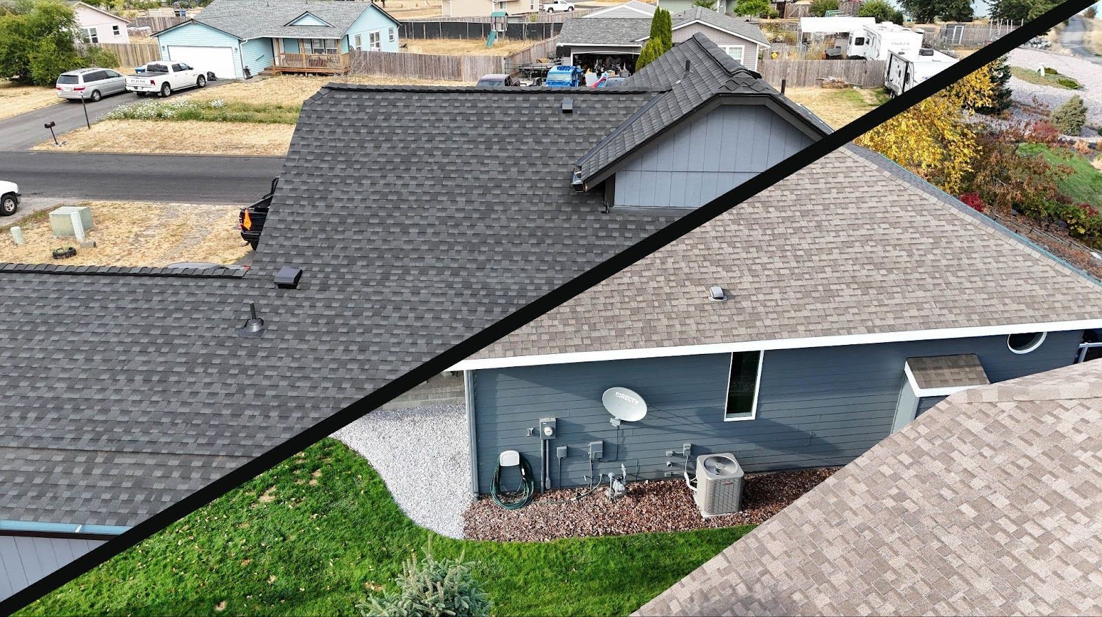 Aerial view of a house roof split diagonally, showing gray and brown asphalt shingles.