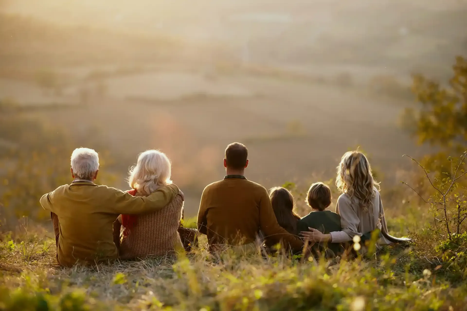 Five people sit in a field at sunset, facing a hazy golden landscape.