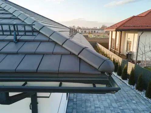 Rooftops and a paved walkway beside a modern house in daylight