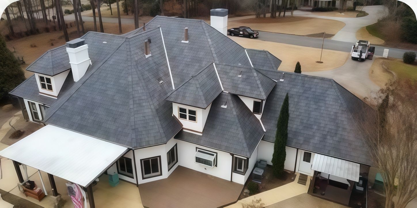 Aerial view of a large white house with a dark gray roof and surrounding yard.
