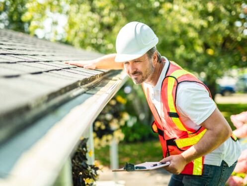 Worker in hard hat inspecting a roof gutter with clipboard, wearing a safety vest outdoors.