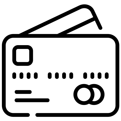 Black outlined credit card icon with a chip and overlapping circles on a white background