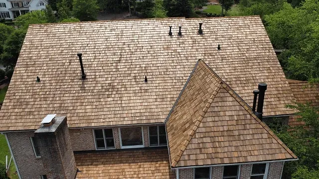 Aerial view of a tan shingled house roof with skylights and chimneys, surrounded by trees