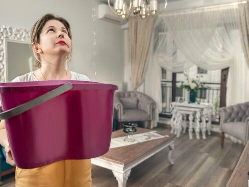 Woman carrying a purple bucket in a bright living room with curtains and a coffee table.