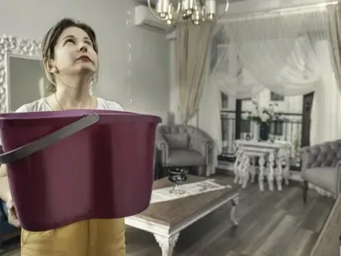 Woman holding a large purple storage bin in a bright living room