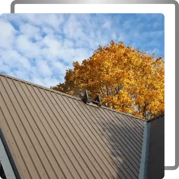 Metal roof with autumn tree and blue sky above concrete wall