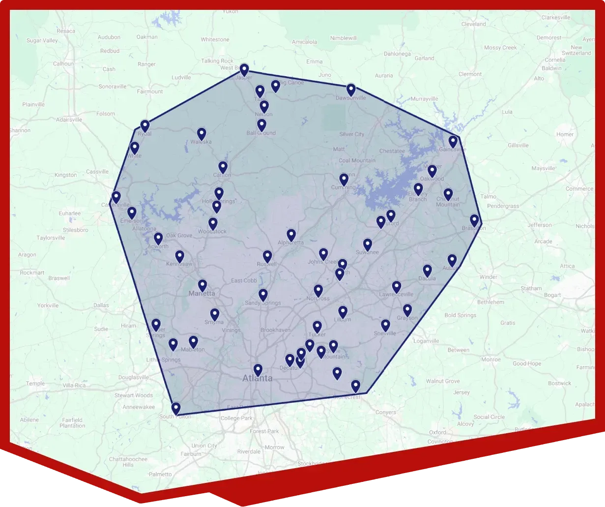 Gray polygon map outlined in blue with many blue location pins on a pale background, framed by red borders