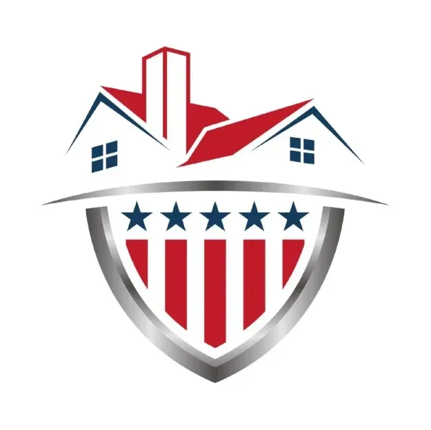 Red, white, and blue house-and-shield logo with stars and stripes