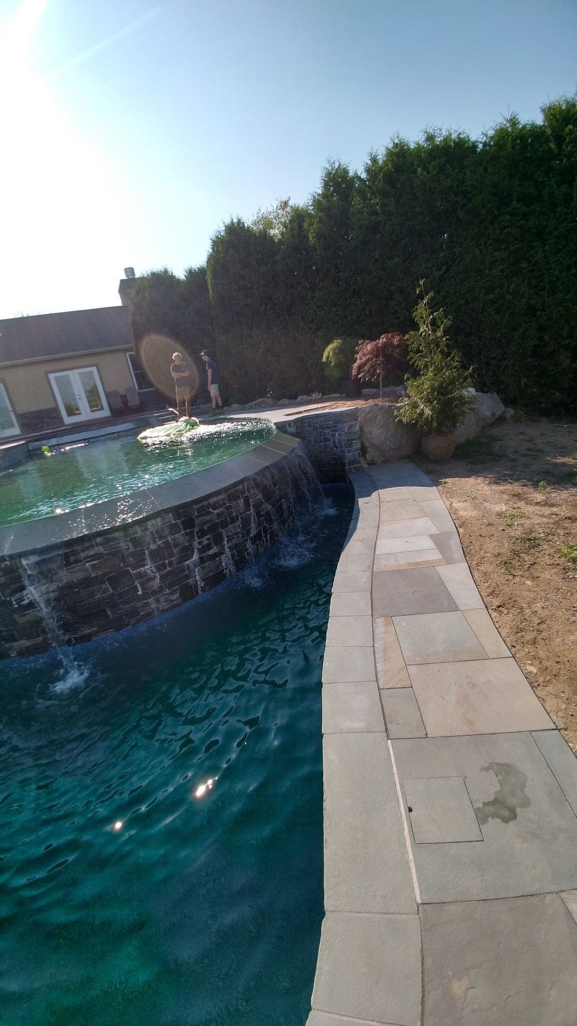 Backyard pool with turquoise water, stone edge, and sunlit patio beside greenery
