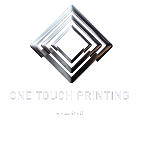 Metallic diamond logo above the text “ONE TOUCH PRINTING” with the tagline “we do it all”