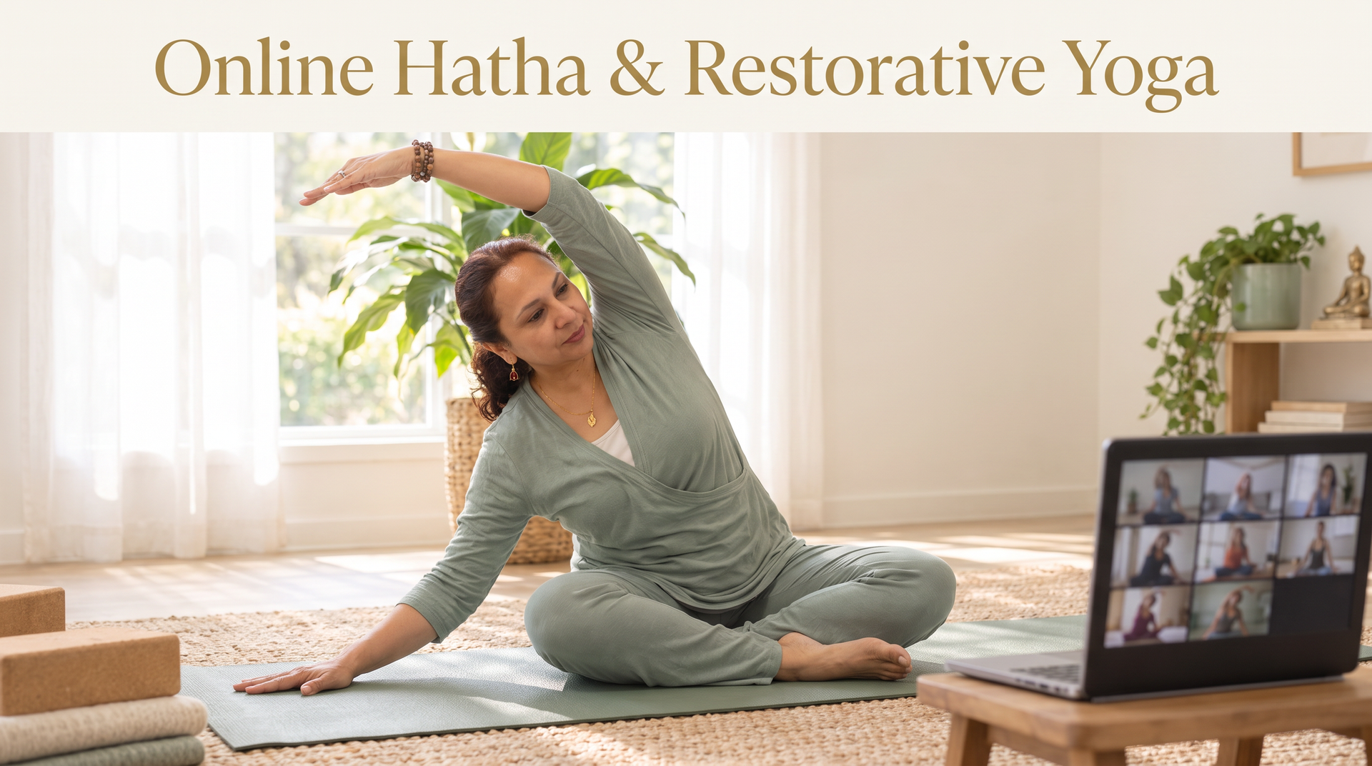 Online hatha and restorative yoga class, woman stretching on a mat beside a laptop video call Sunshine Wellness