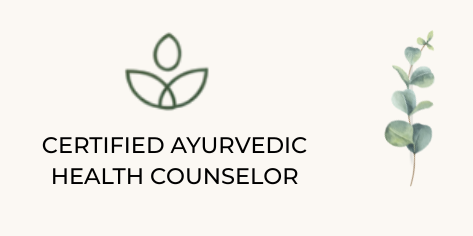 Certified Ayurvedic health counselor logo with minimalist green leaves and beige background