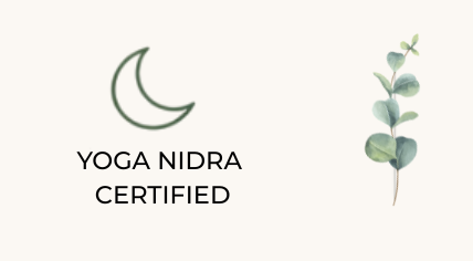 Yoga Nidra certified logo with crescent moon and eucalyptus sprig on a beige background