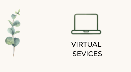 Minimal graphic with a green leafy branch and a laptop icon above the text “VIRTUAL SEVICES”