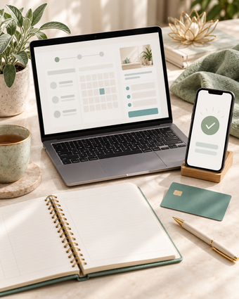 Laptop and phone on a desk with notebook, mug, and stationery, showing a clean productivity workspace