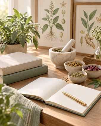 Person in a green blouse studying an open book at a desk with herbs, bowls, and a mortar and pestle.