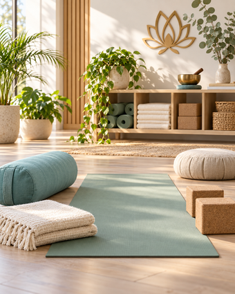 Serene yoga studio with a green mat, bolster cushions, plants, and soft natural light