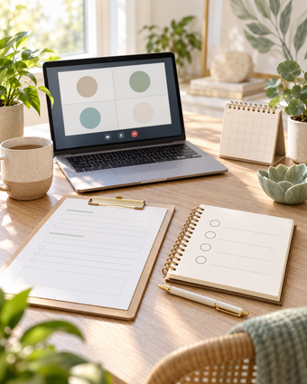 Laptop on sunlit desk with planner, notebook, coffee, and potted plants