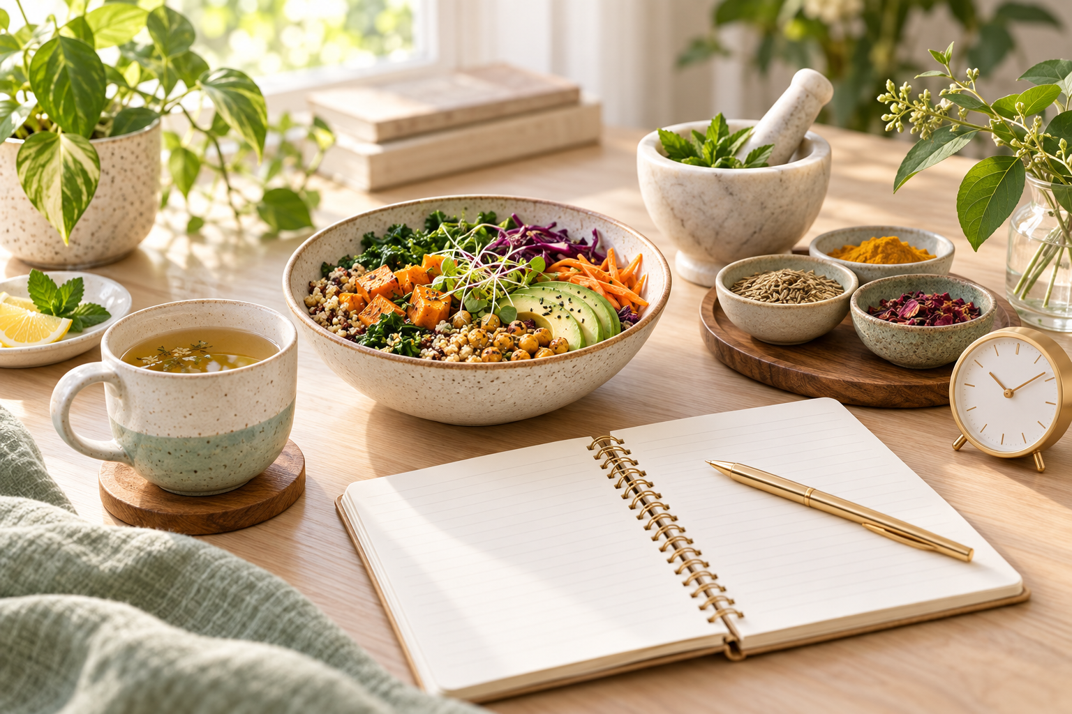 Brunch table with salad, soup, notebook, pens, and potted plants in warm sunlight