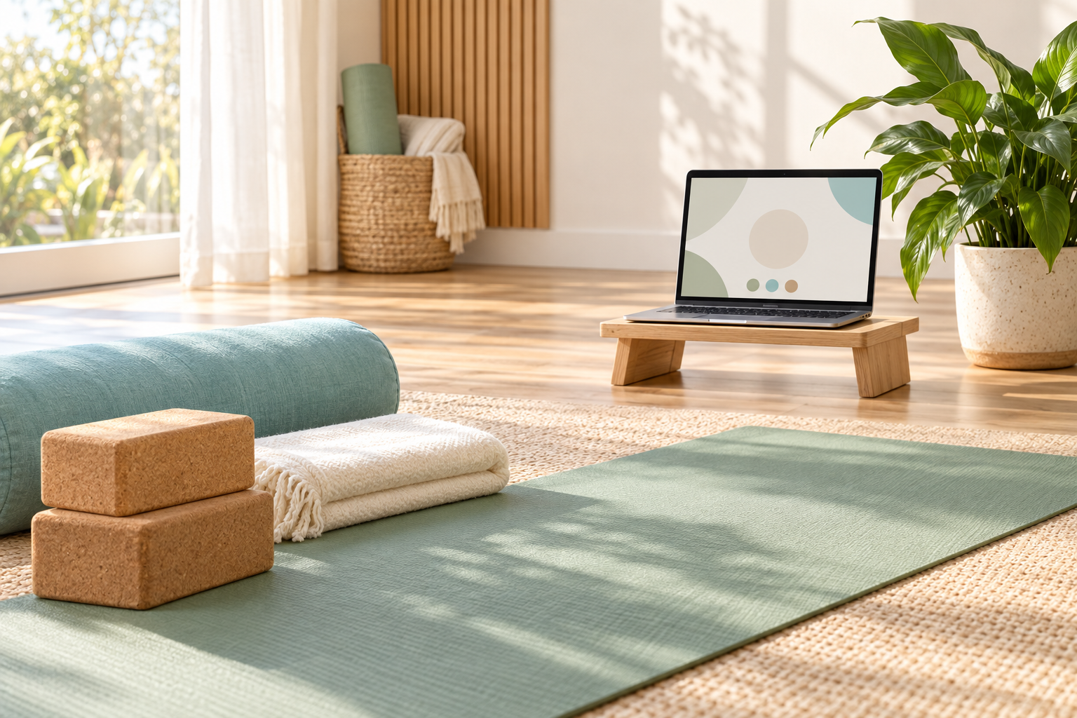 Bright yoga space with mats, blocks, laptop, and plants in warm sunlight