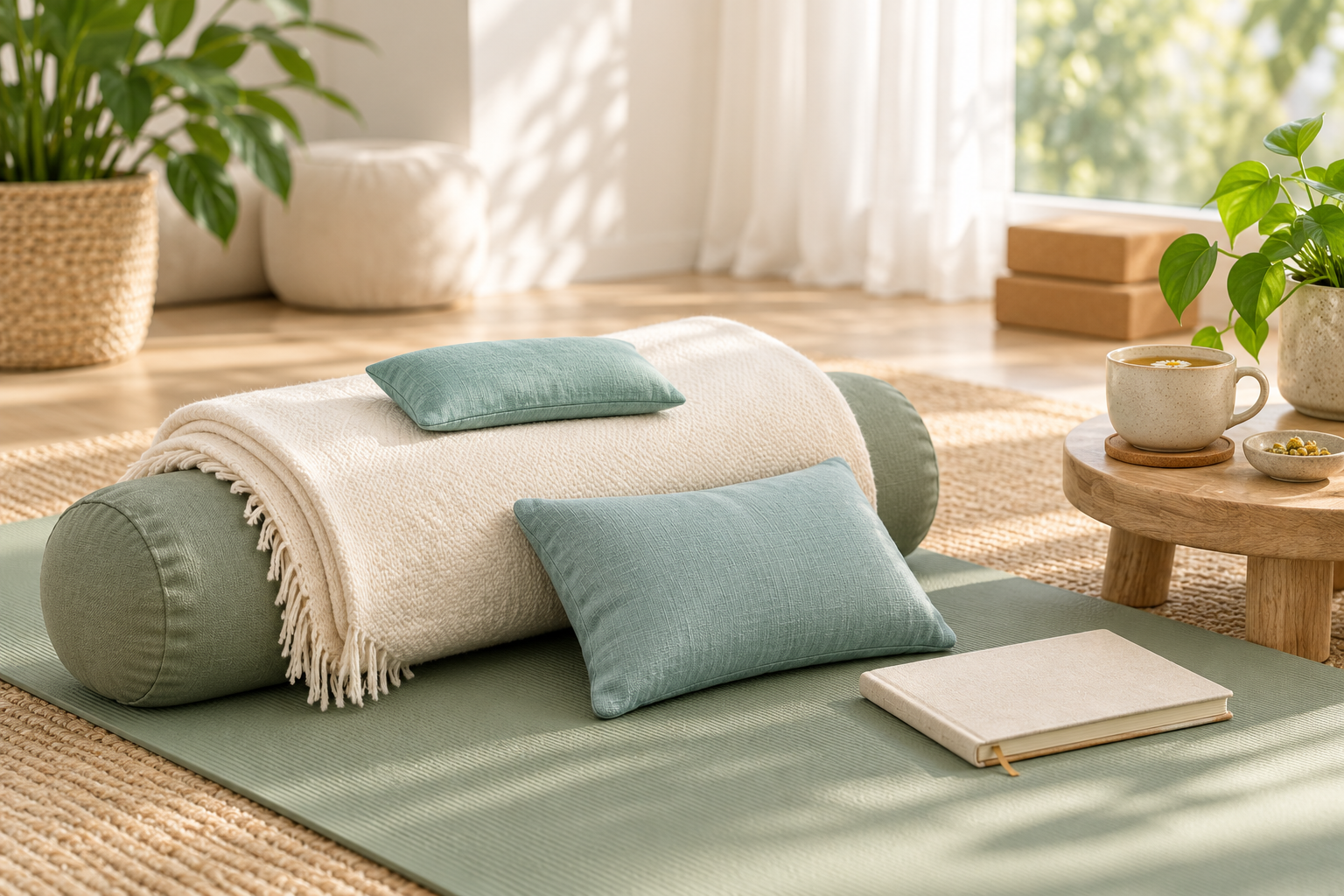 Cozy living room with rolled green and cream cushions, a wooden side table, and warm sunlight.