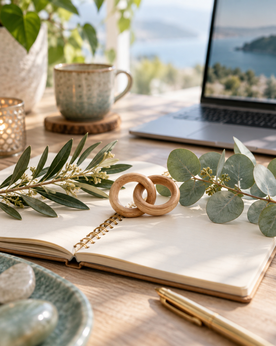 Open journal with gold pen, greenery, and laptop on a sunlit desk by the sea