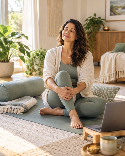 Woman meditating on a yoga mat in a sunlit living room beside a laptop