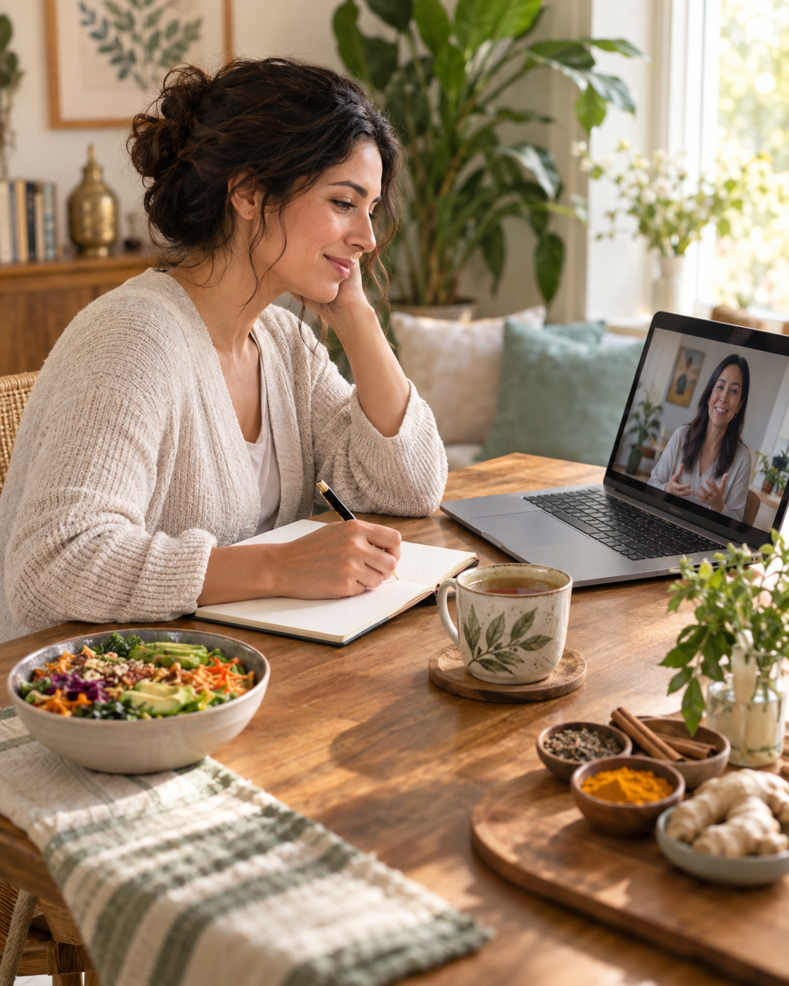 Woman on a video call at a wooden desk with laptop, notebook, tea, and salad in a bright home office.
