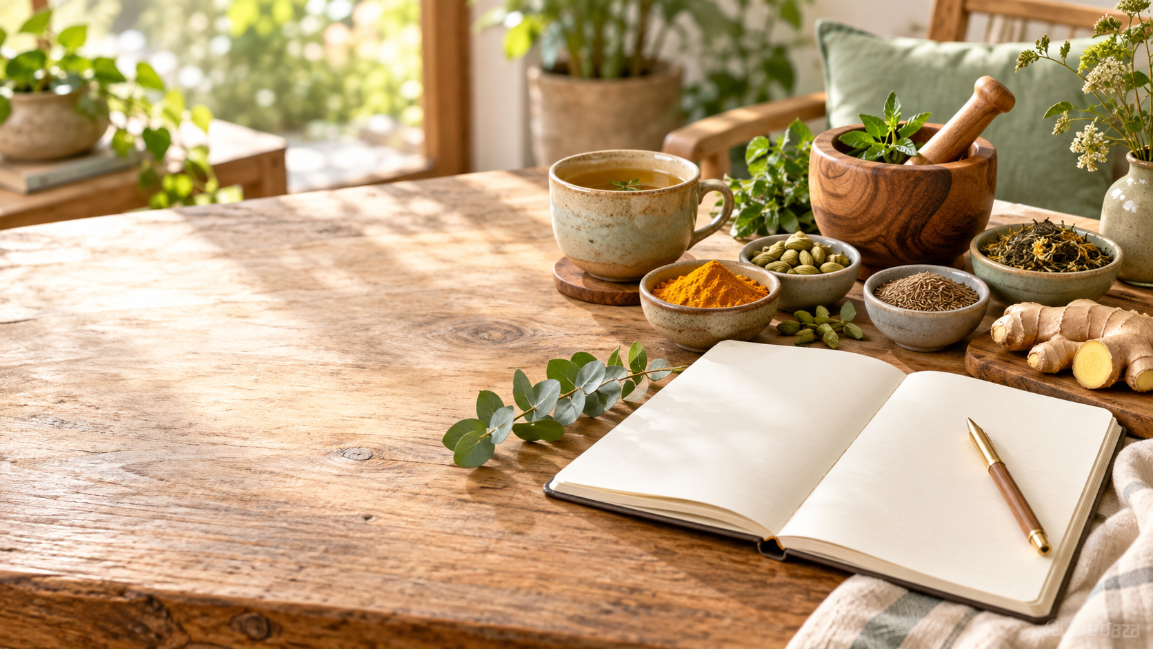 Open notebook and pencil on a wooden table with herbs, cups, and bowls in a sunlit garden setting