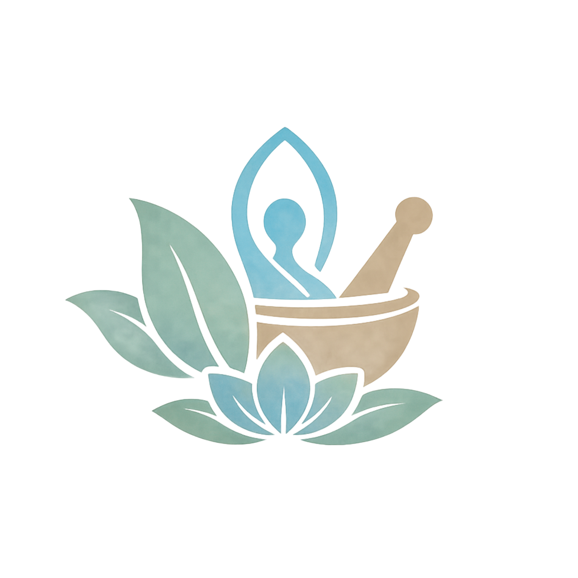 Stylized wellness logo with green leaves, a blue figure in a bowl, and a wooden pestle