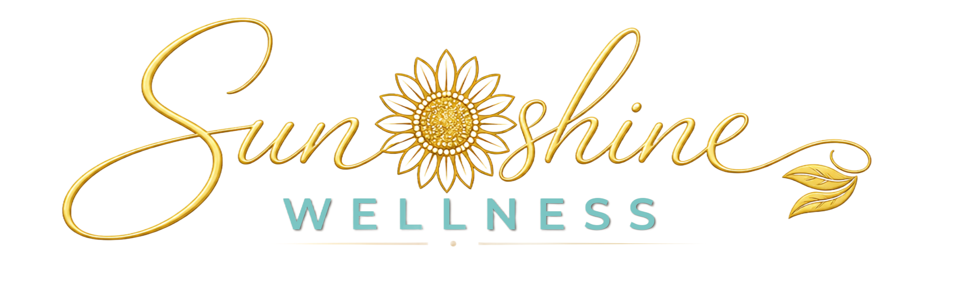 Sunshine Wellness logo with gold script and a stylized sunflower on a white background