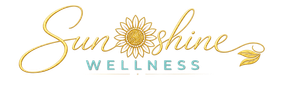 Sunshine Wellness logo with gold script and a stylized sunflower on a white background