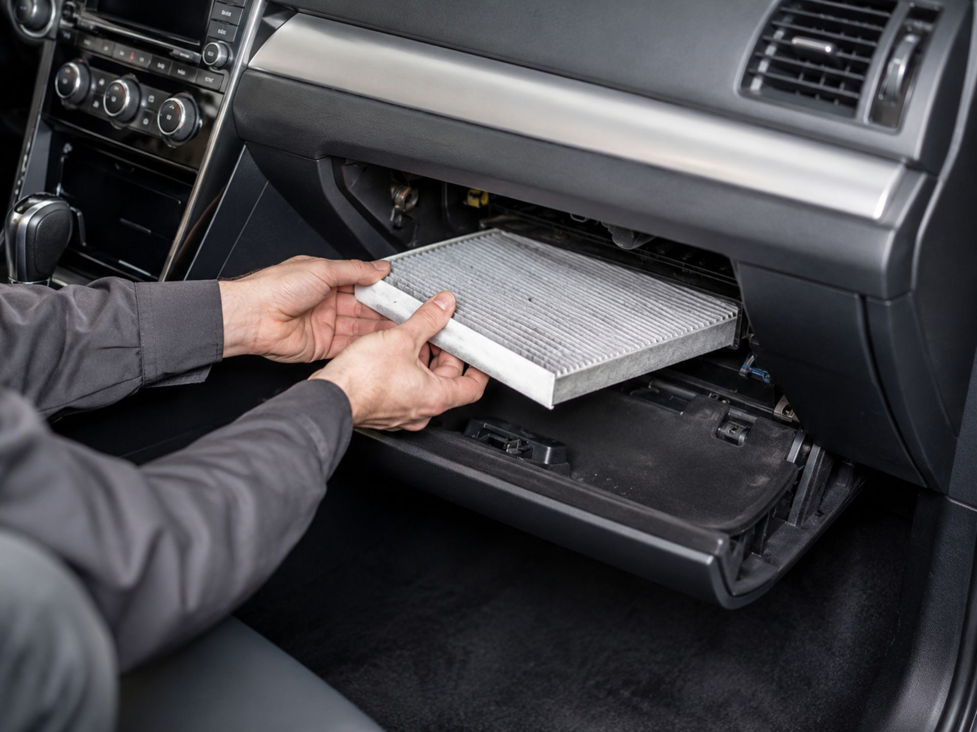 Hands removing a white car cabin air filter from the glove compartment area