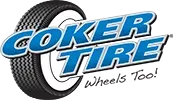 Coker Tire logo with a blue and white text and a tire graphic. 