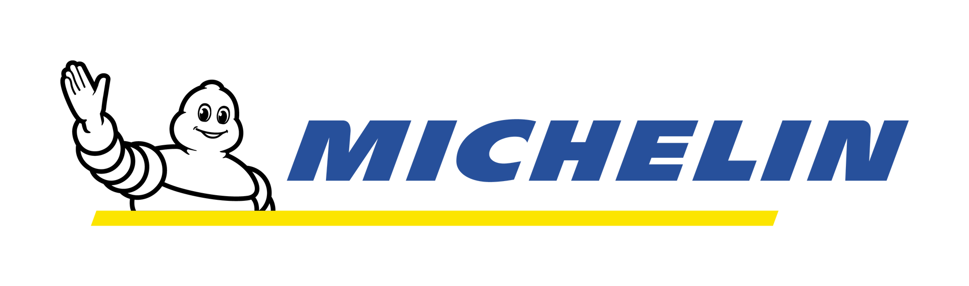 Michelin logo featuring the Michelin Man waving, with the company name in blue on a yellow line.